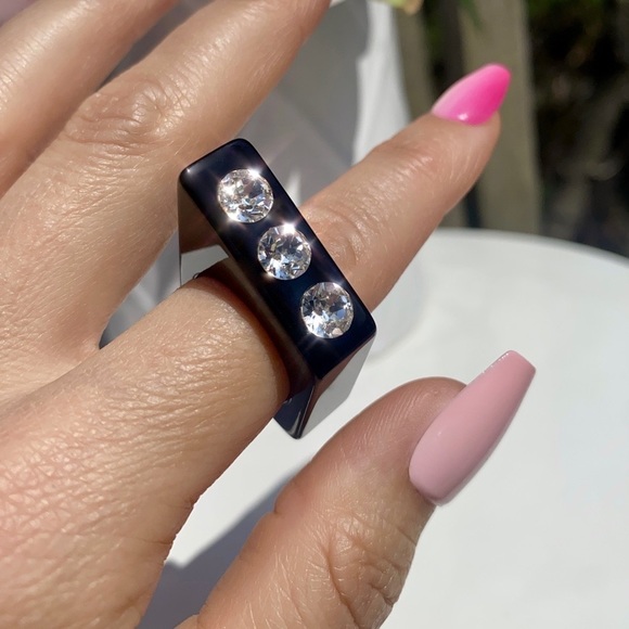Black Acrylic Statement Ring Embellished With Genuine Crystals, Geometric Design - Picture 13 of 13